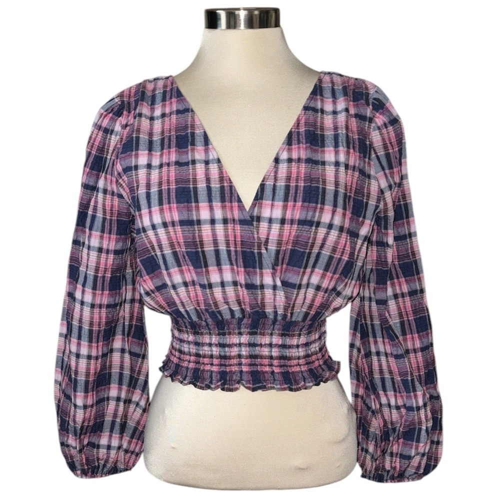 Zara crop top blouse plaid long sleeves deep V-neckline front/back Size XSmall